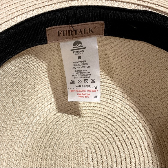 NWOT Furtalk straw Sun hat, large brim, cream colored w/black details - Picture 4 of 4